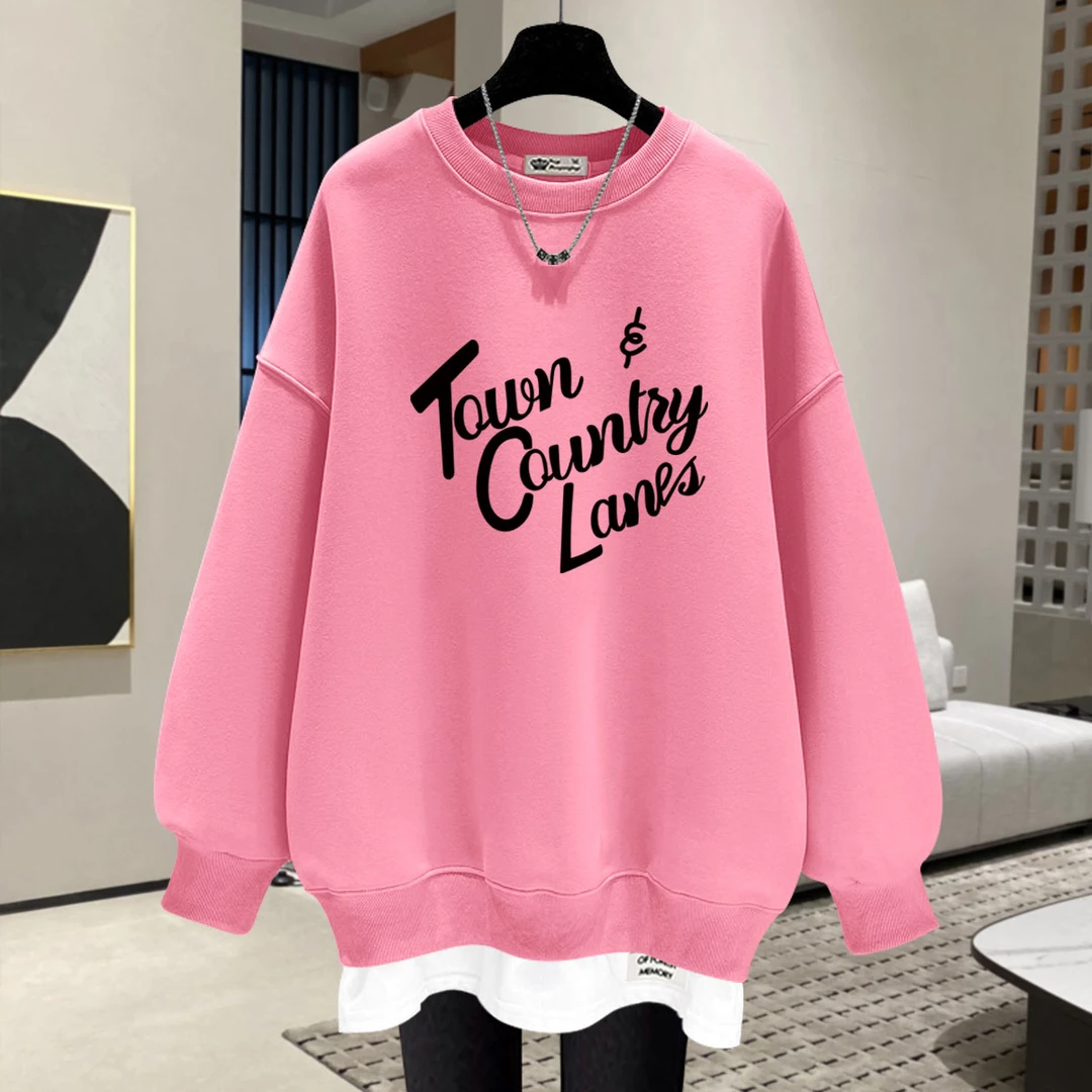 粉色简约风字母假两件卫衣女加绒2025新款春秋冬季宽松中长款外套