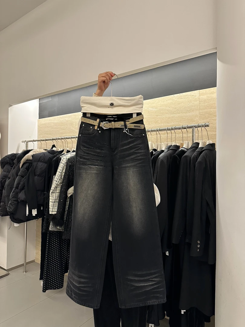 美式复古牛仔裤女士秋冬新款宽松显瘦微喇高街潮流裤子