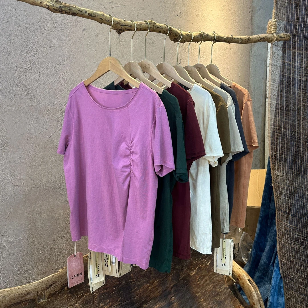 特241224忆古朴拙夏季棉混纺开衩t恤纯色圆领宽松百搭女士短袖