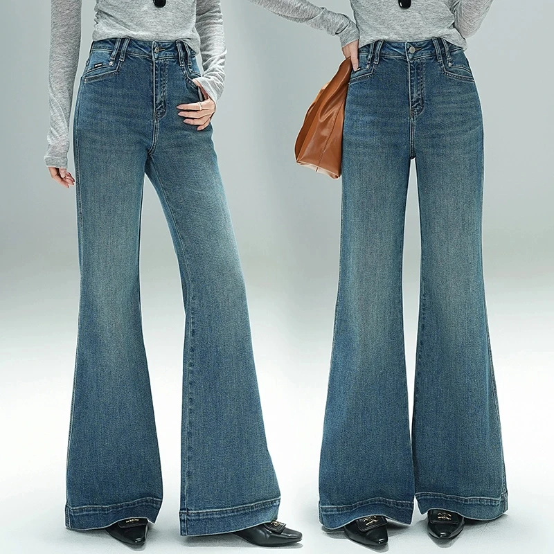 盼之微喇牛仔裤2025春季系款复古高腰宽松弹力显瘦筒喇长裤25005