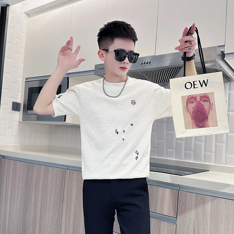 男士短袖洋气t恤夏季新款提花刺绣百搭圆领半袖衣服潮牌男装体恤