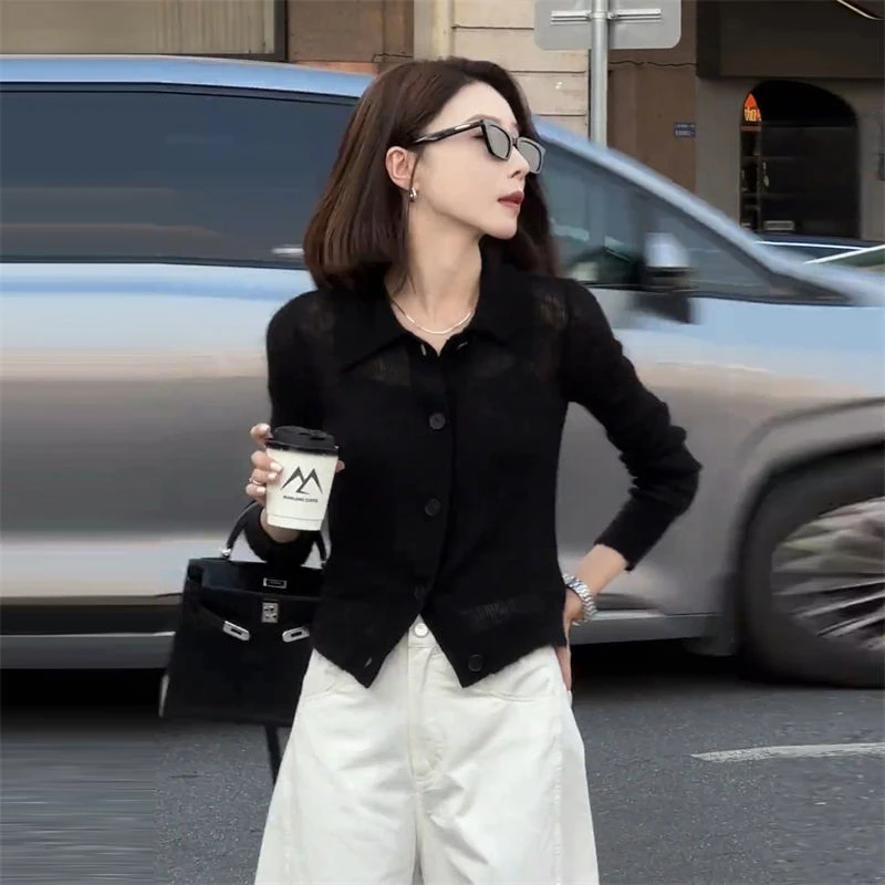 长袖秋季黑色高级感针织衫2024单排扣polo领女装时尚显瘦漂亮上衣