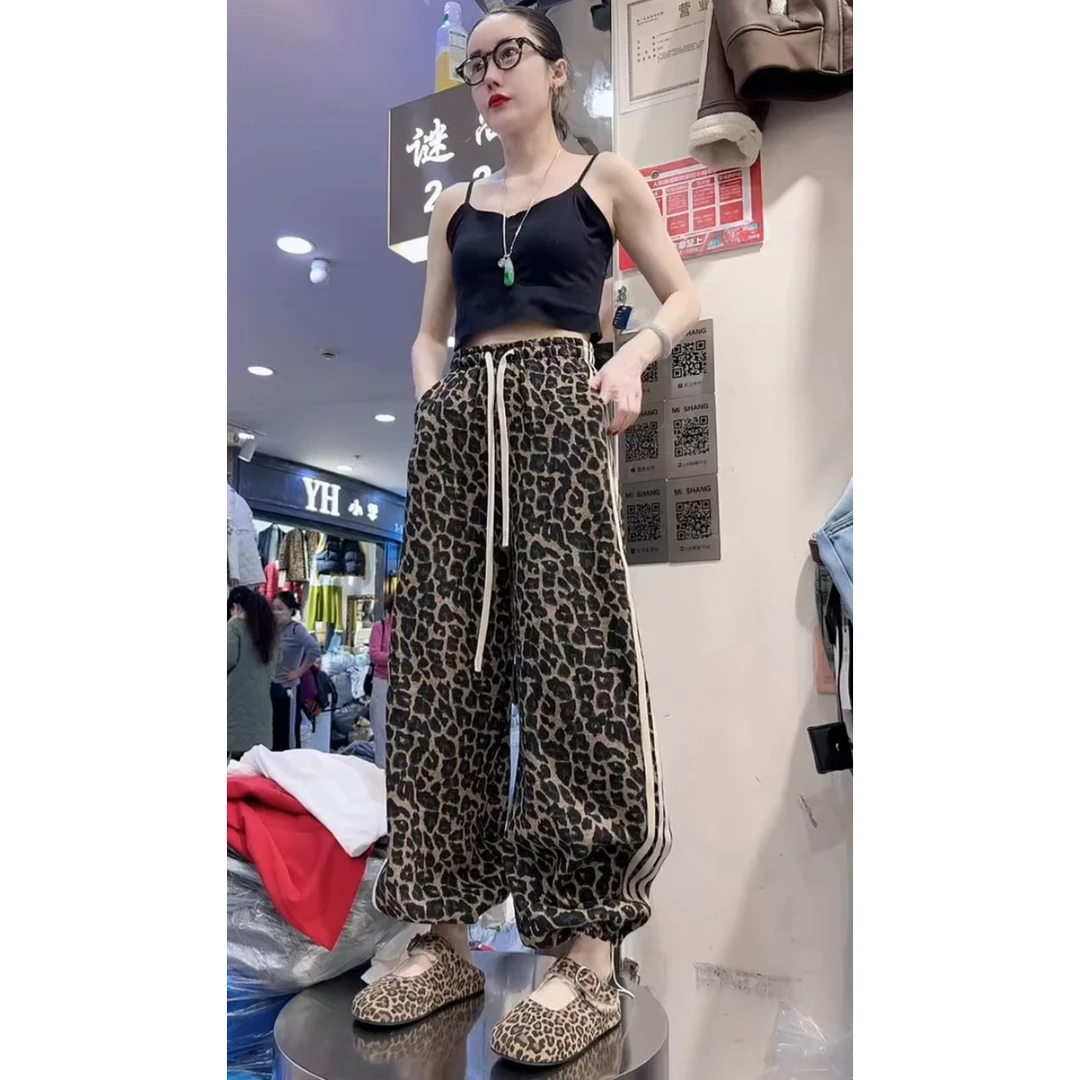 复古加绒高街豹纹休闲裤女秋冬新款设计感松紧腰宽松显瘦阔腿裤子