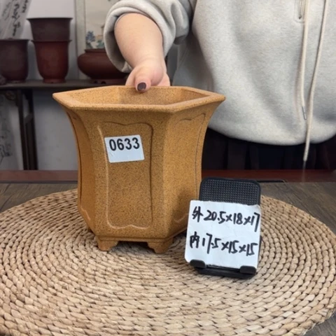 紫砂花盆柴烧内奎束腰六方0633
