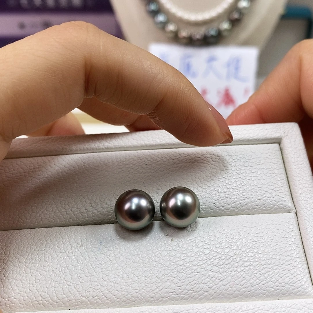 海水珍珠耳饰18K金镶嵌10m大溪地黑珍珠耳钉（基本无暇）铂金灰