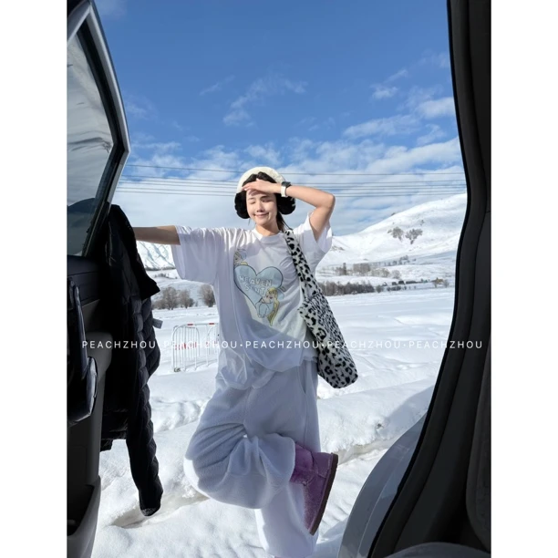 PEACHZHOU 纯棉'小天使'爱心印花宽松圆领短袖减龄休闲廓形T恤