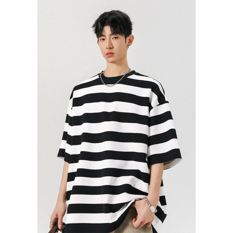 美式条纹短袖男港风潮牌体恤男情侣大码条纹短袖T恤高街潮牌上衣