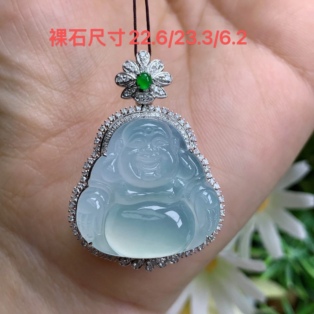 缅甸天然翡翠a货18k一高冰起光白月光佛公吊坠娇尺寸36.9/26.4/15