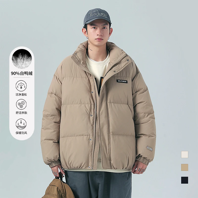 GOLFCROSS男女款90%白鸭绒面包服立领潮牌纯色宽松刺绣羽绒服外套
