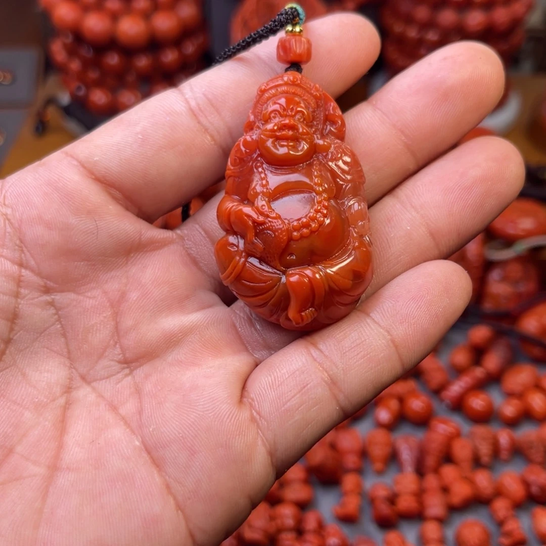 南红玛瑙银S925镀金镶嵌川料精工黄财神吊坠