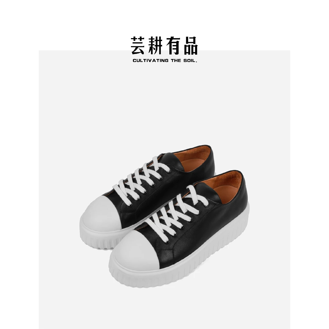 【跟高5cm】黑白拼色拜年穿搭时尚百搭小众厚底低帮系带经典增高鞋