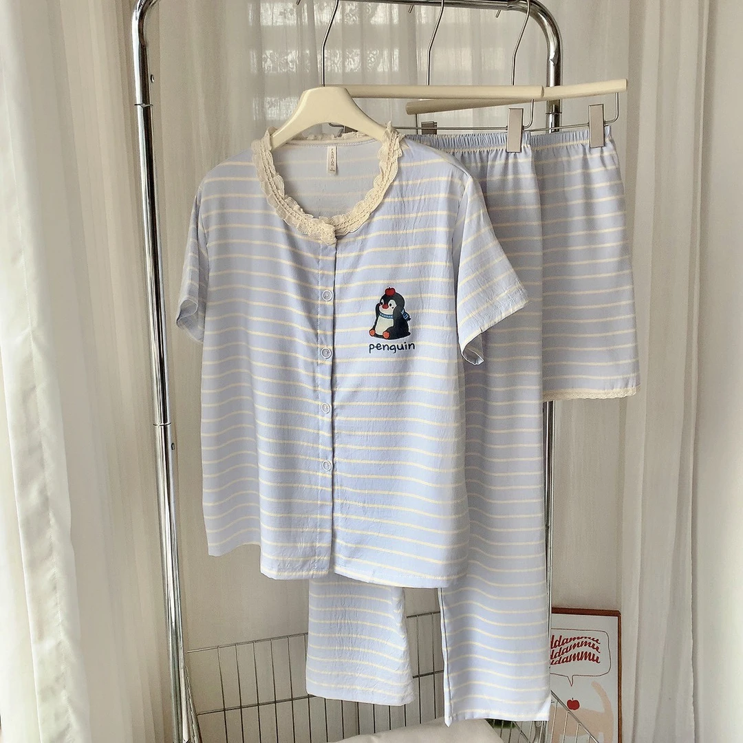 [企鹅]夏季短袖带杯垫短裤条纹蕾丝圆领清新甜心女家居服睡衣1896