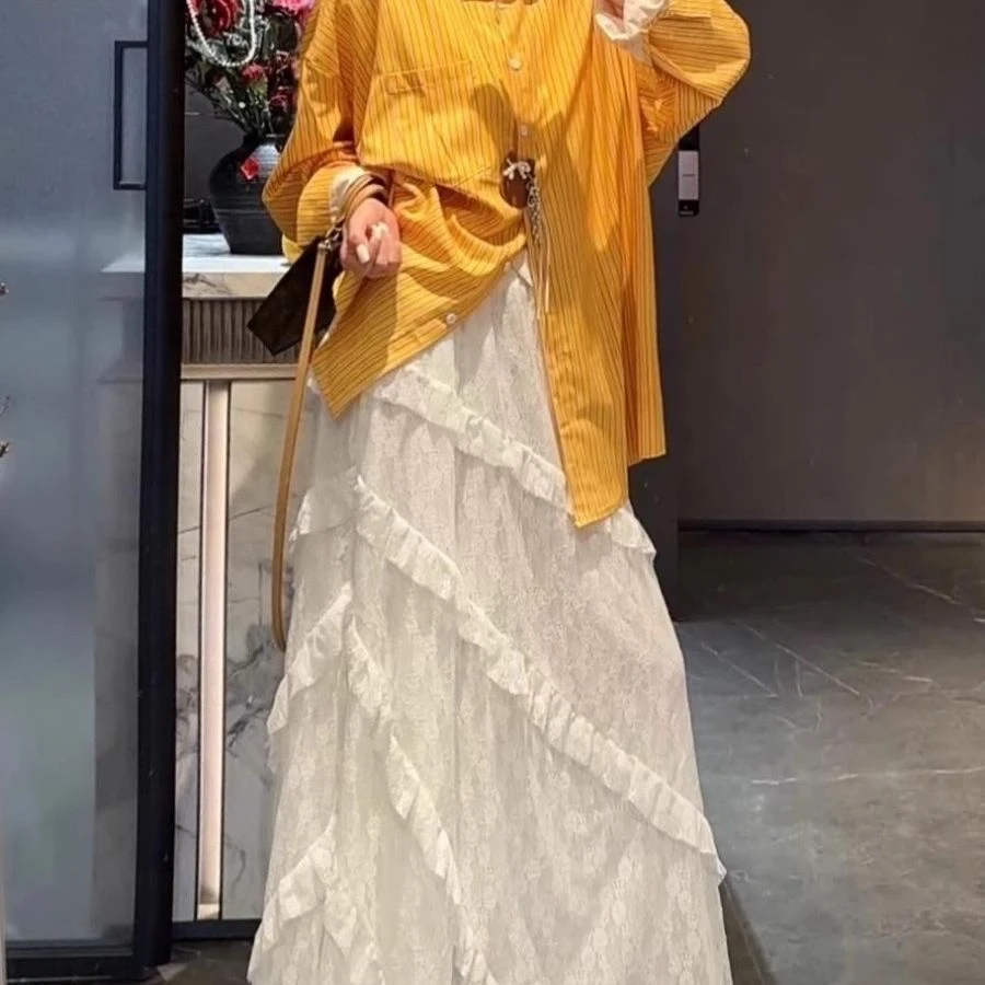 法式拼接斜纹高腰白色蕾丝半身裙女早春松紧腰显瘦网纱a字长裙