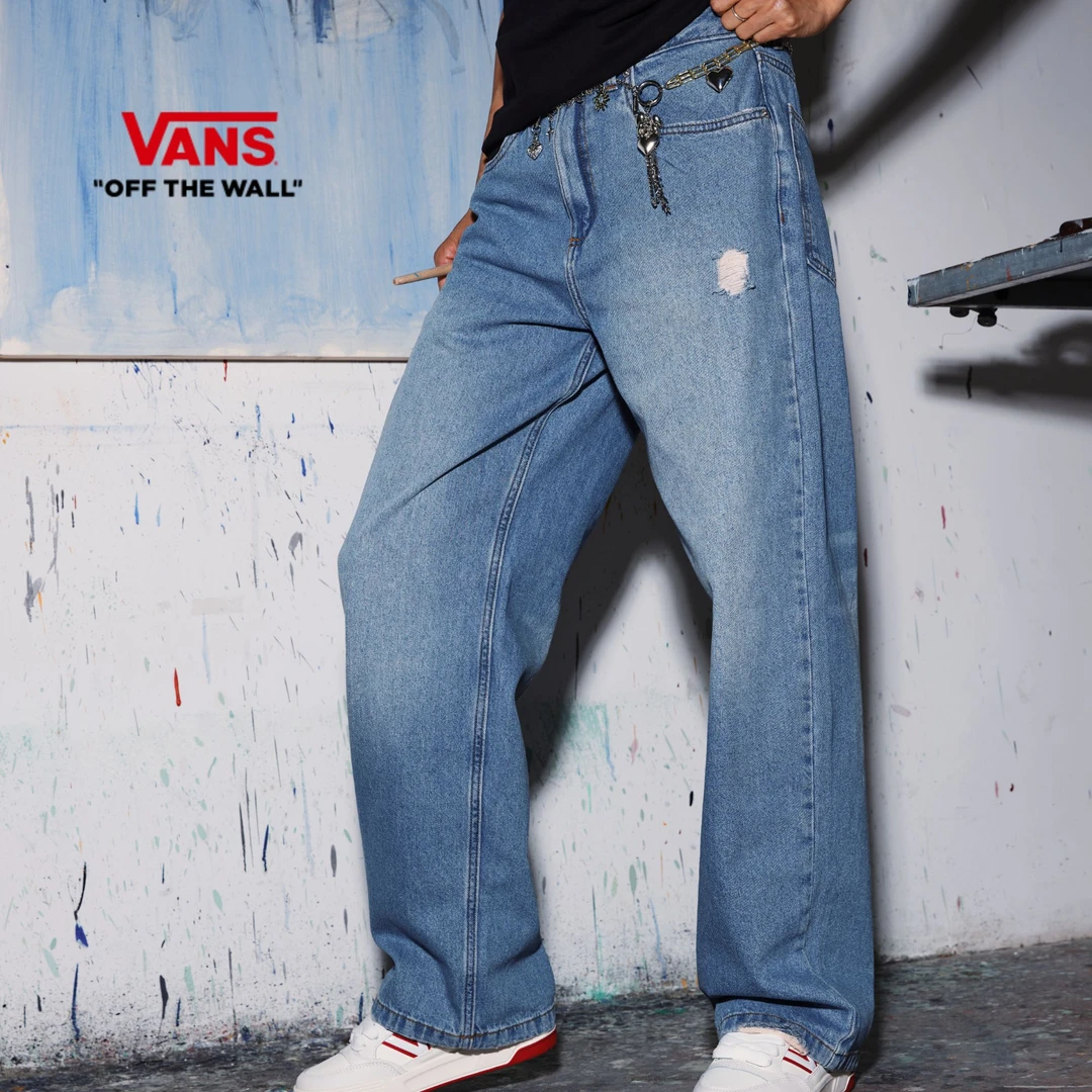 Vans范斯 女子纯棉梭织简约百搭灰蓝色长裤牛仔裤MB8CDX