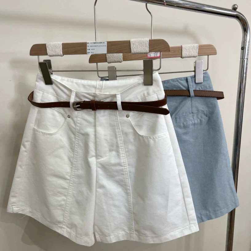 3035#高腰纯色显瘦阔腿牛仔直筒短裤