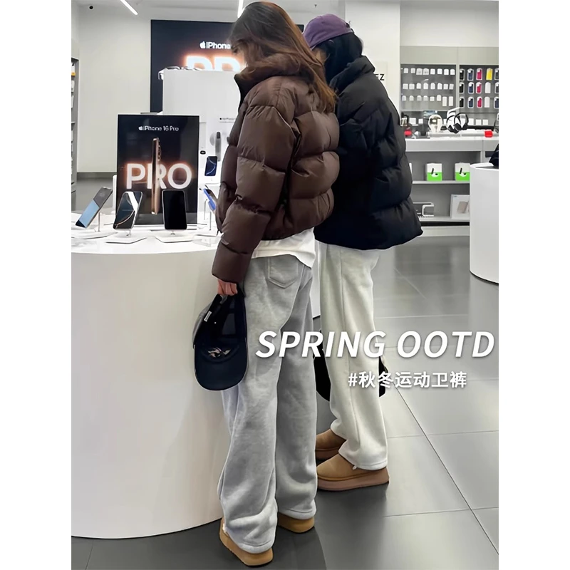 灰色加绒加厚运动裤女2026秋冬高腰显瘦阔腿裤垂感卫裤小个子棉裤