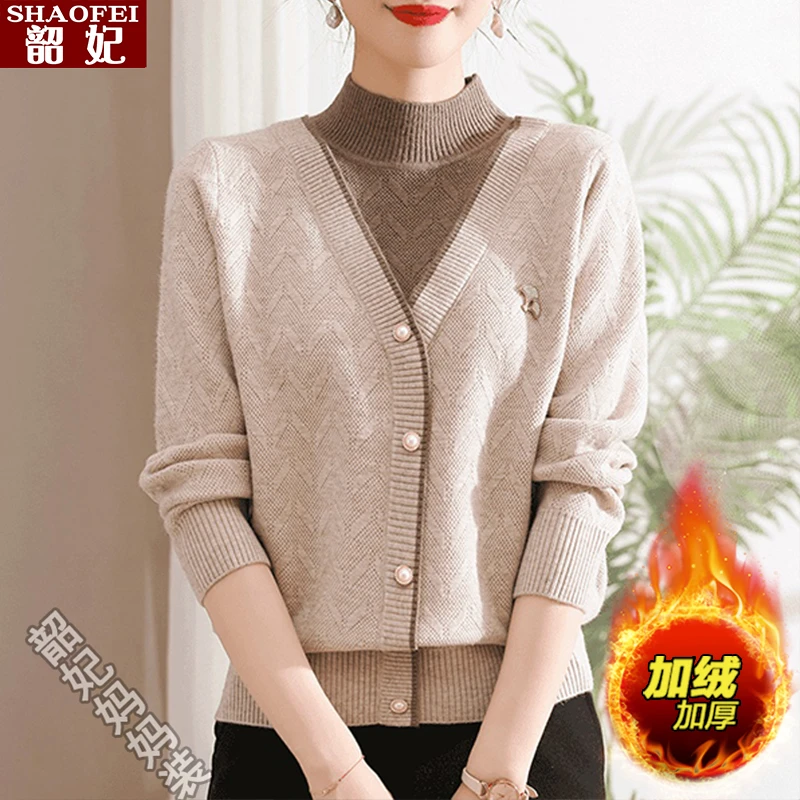 妈妈装洋气针织衫2025秋冬新款中老年女假两件毛衣加绒上衣打底衫