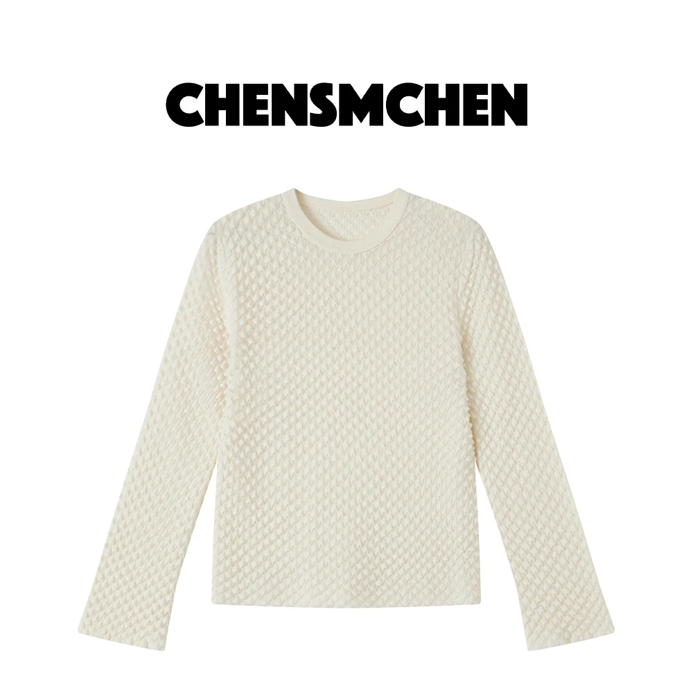 CHENSMCHEN 100绵羊毛提花套头针织衫女春季简约上衣CSZ1015YQ