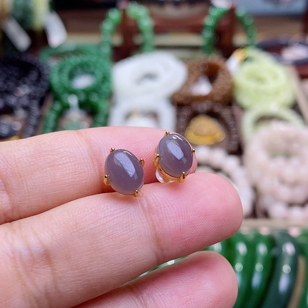 和田玉未镶嵌颈饰烟紫高冰老矿料葡萄紫蛋面耳钉