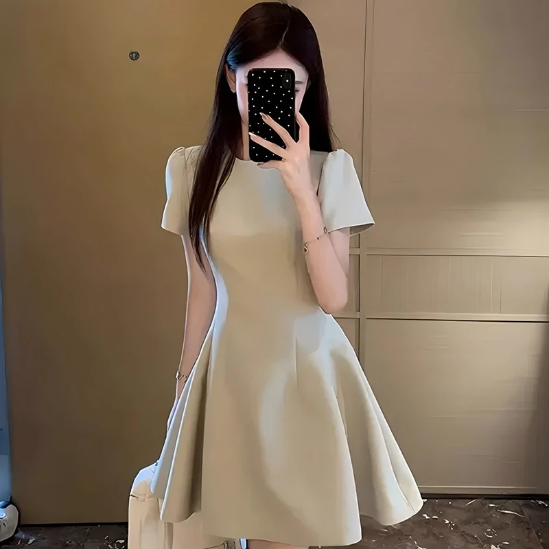 有内衬绿色短袖连衣裙夏季法式气质小个子高级感收腰短裙D126