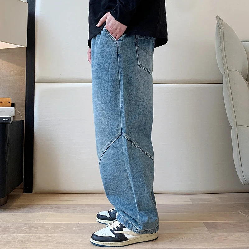 THE PANG潮牌大码男装2025春胖子水洗做旧牛仔裤男士宽松直筒长裤