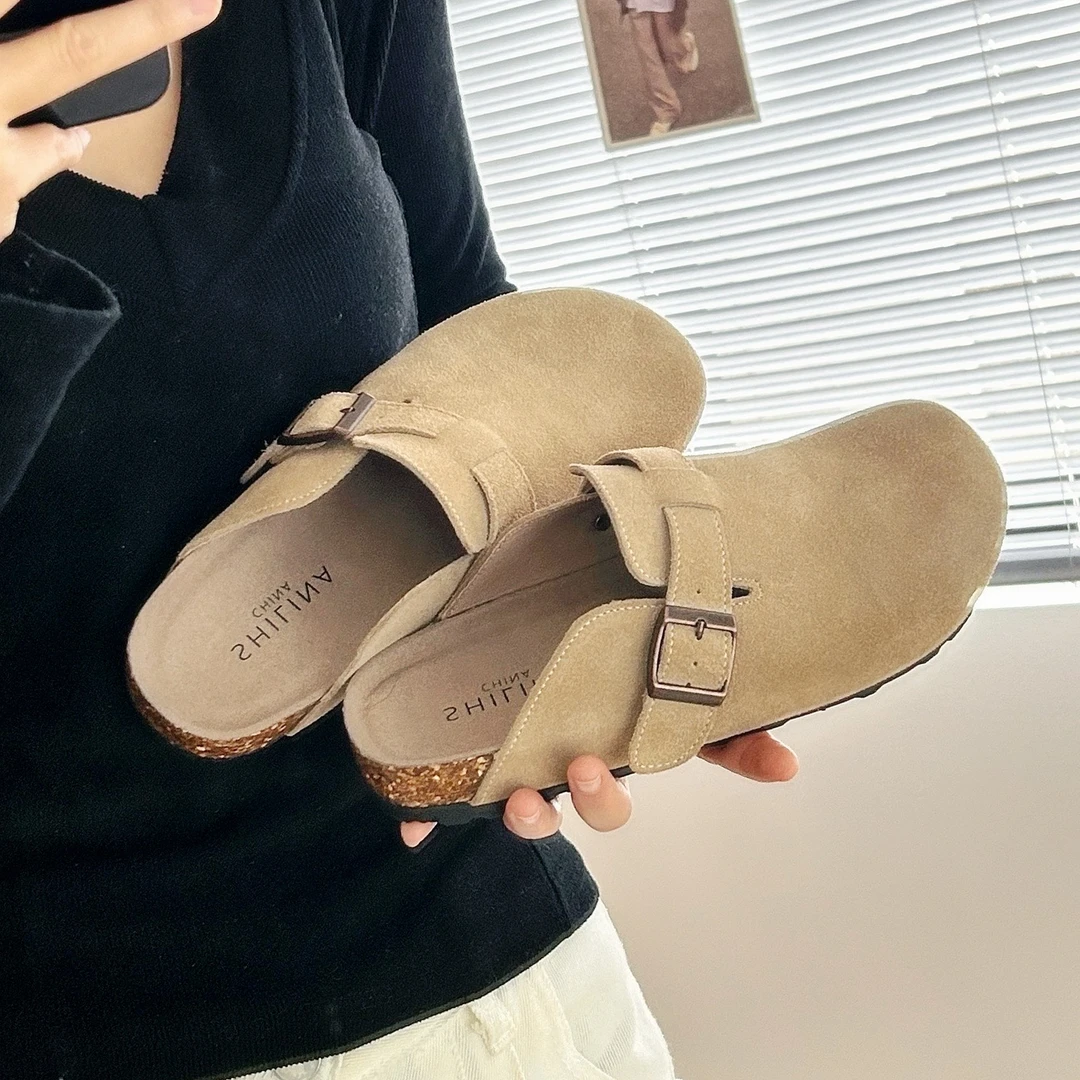 【D先森】一脚蹬牛皮包头厚底软木勃肯拖鞋女半拖平底凉拖鞋百搭潮