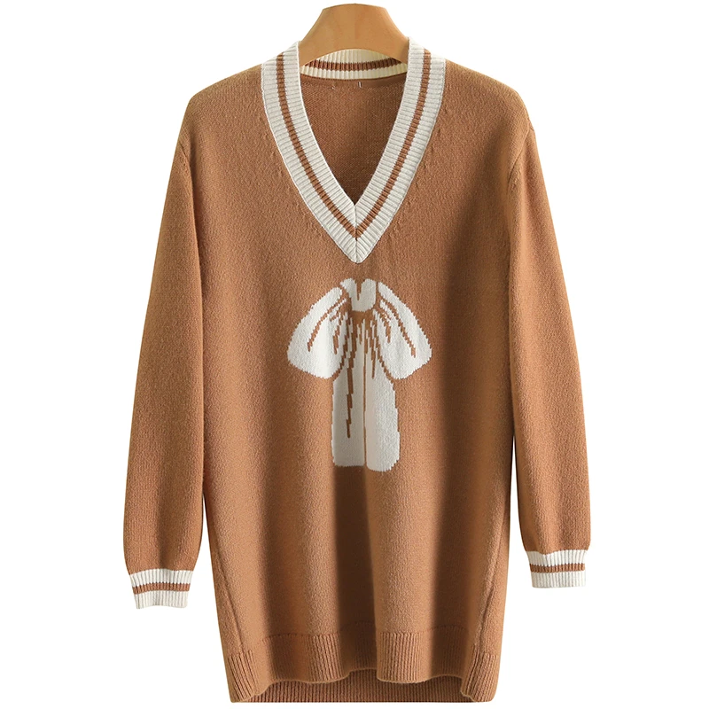 【伍莎-自营】蝴蝶结拼色V领宽松毛衣#GFD48M002