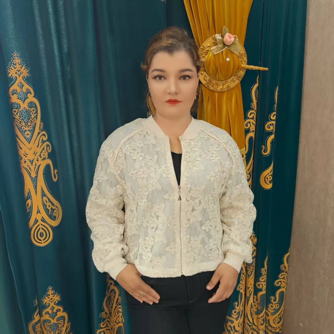 Nurziba女蕾丝常规款刺绣防晒拉链短外套重工立领女士侘寂风