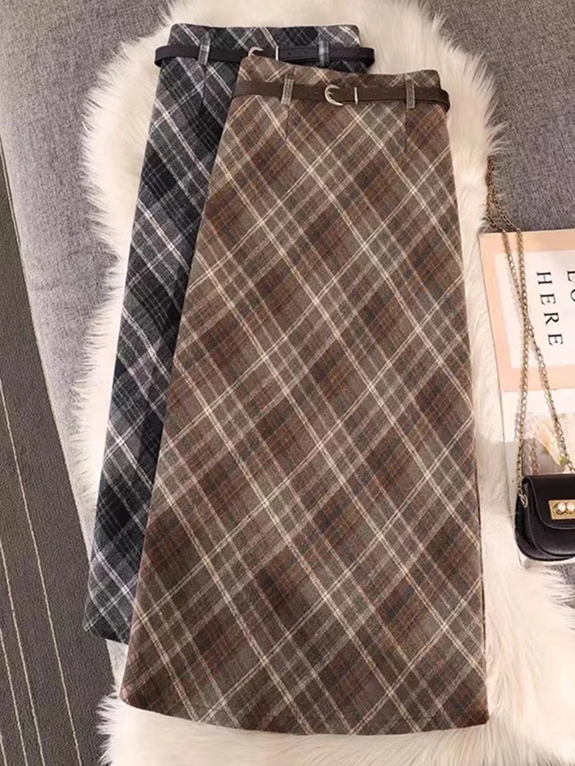 【国标裙长】百搭格子毛呢半身裙女秋冬包臀裙高腰显瘦复古格纹长裙