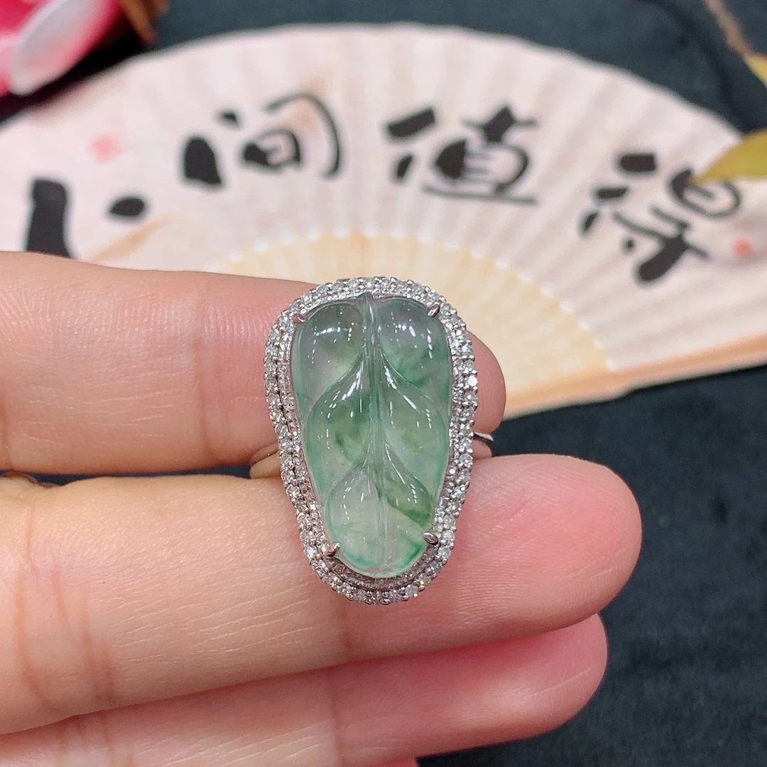 18k金天然A货翡翠飘花树叶吊坠戒指两用款时尚百搭大气款