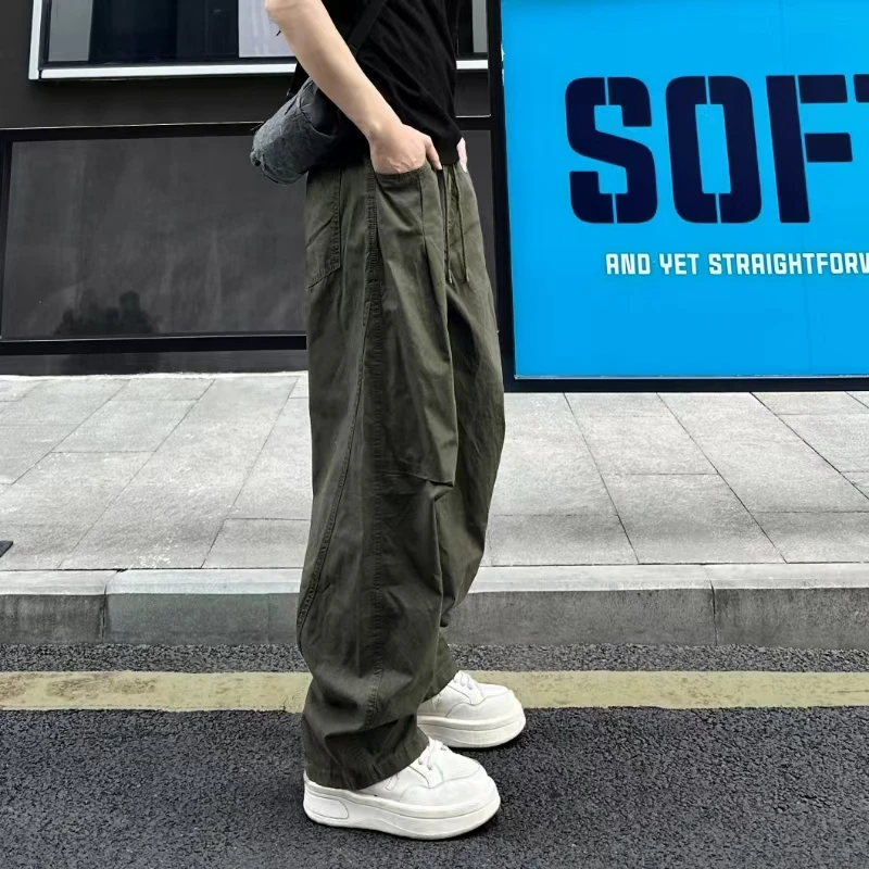 QUALCOMM军绿色夏季cleanfit拼接工装裤男款日系宽松直筒休闲长裤