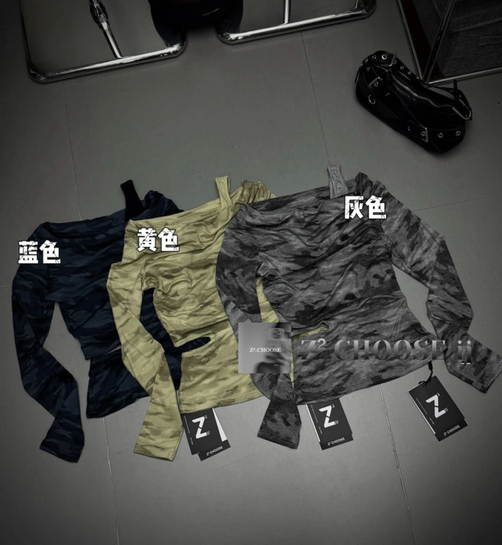 宽松型常规长袖斜领修身褶皱T恤打底衫ins韩版日奢风