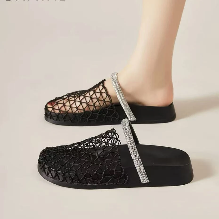 C5891 黑色  夏季渔网编织镂空2025新款外穿厚底舒适包头拖鞋