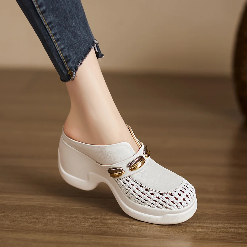 小个子增高8cm~优雅风粗跟包头凉拖鞋女夏外穿铆钉镂空半拖鞋百搭