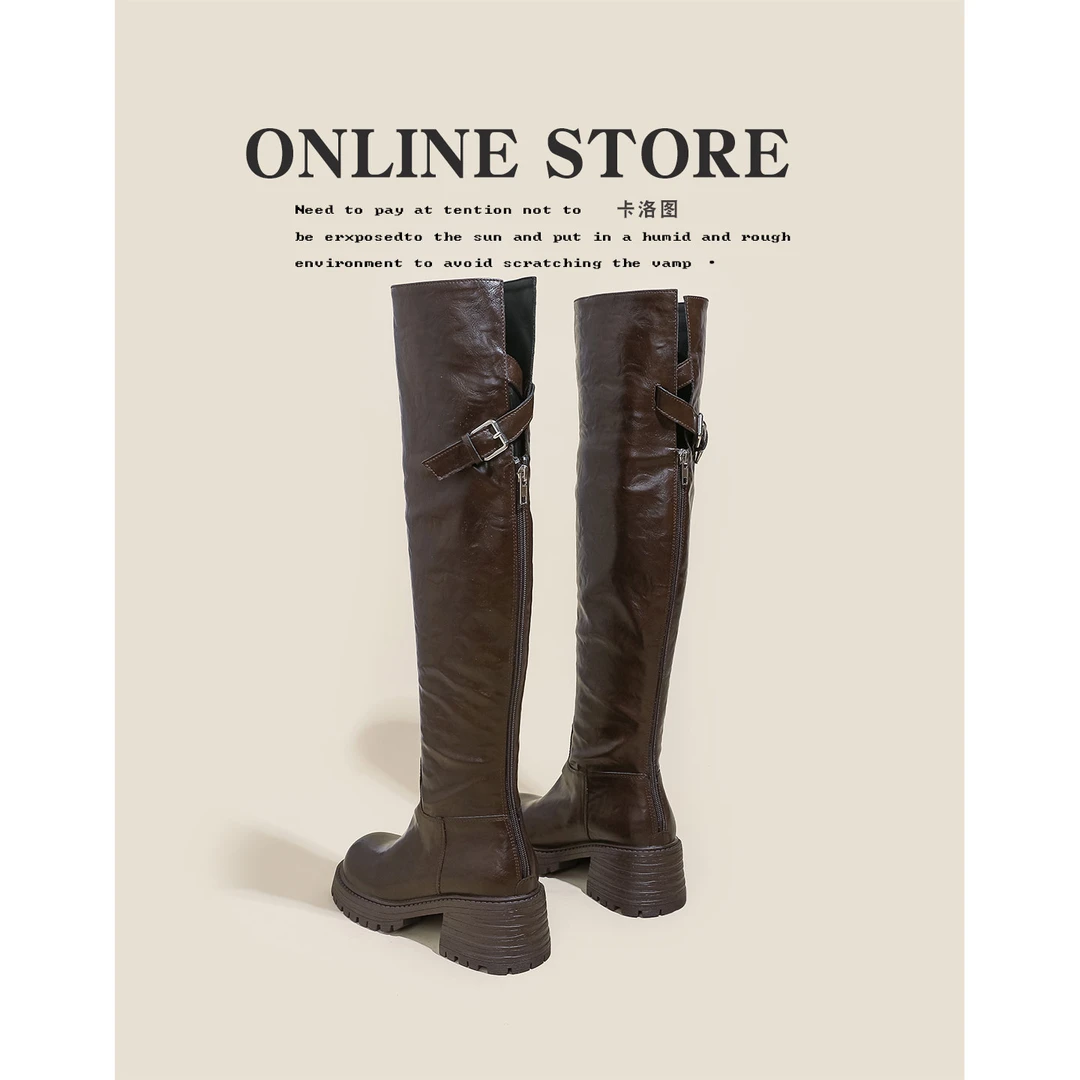 英伦风过膝长筒靴女2025新款复古显瘦褶皱水洗皮长靴厚底骑士靴女