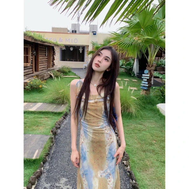 赵小小【风与雏菊】波米亚风露背显瘦网纱印花吊带连衣裙女装27303