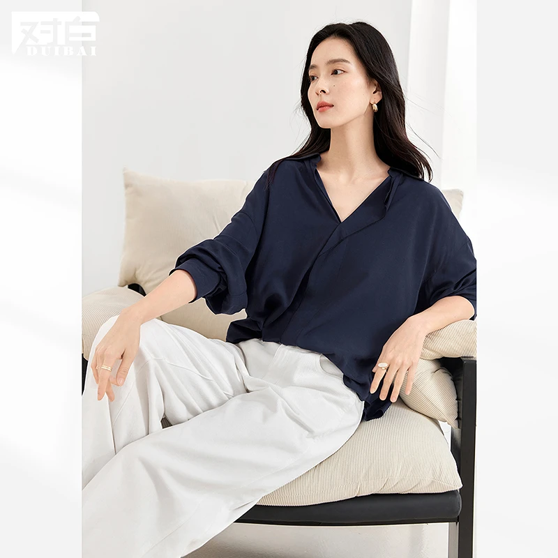 对白垂感轻薄不规则V领长袖衬衫女2025春季新款法式轻熟气质上衣