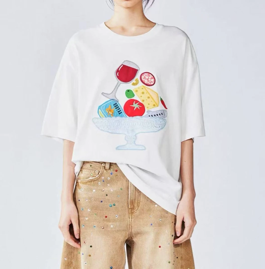 W015夏季新款美食餐盘贴布刺绣T恤2025