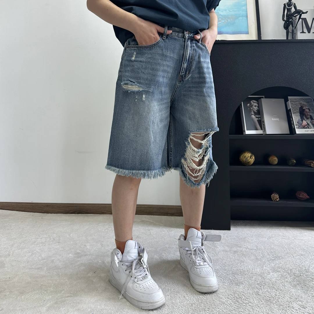 做旧破坏短裤工装风男士简约牛仔短裤复古宽松五分裤男女潮流 夏