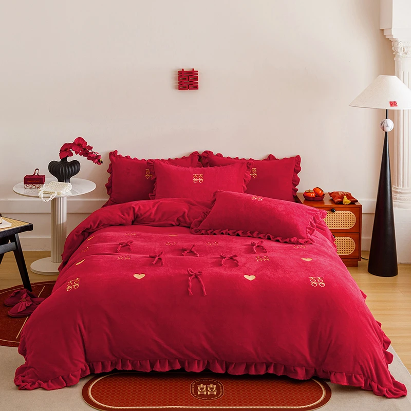 新款婚庆加厚牛奶绒荷叶边刺绣结婚喜庆结婚大红床单四件套秋冬款