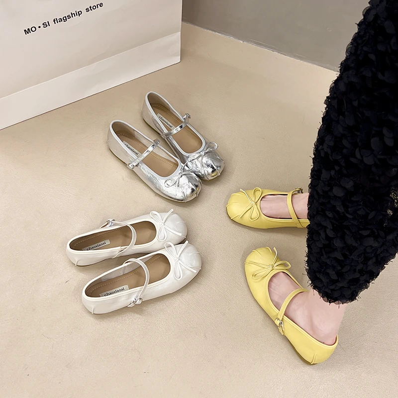 平底蝴蝶结浅口小单鞋女2025夏季新款圆头舒适一字带休闲玛丽珍鞋