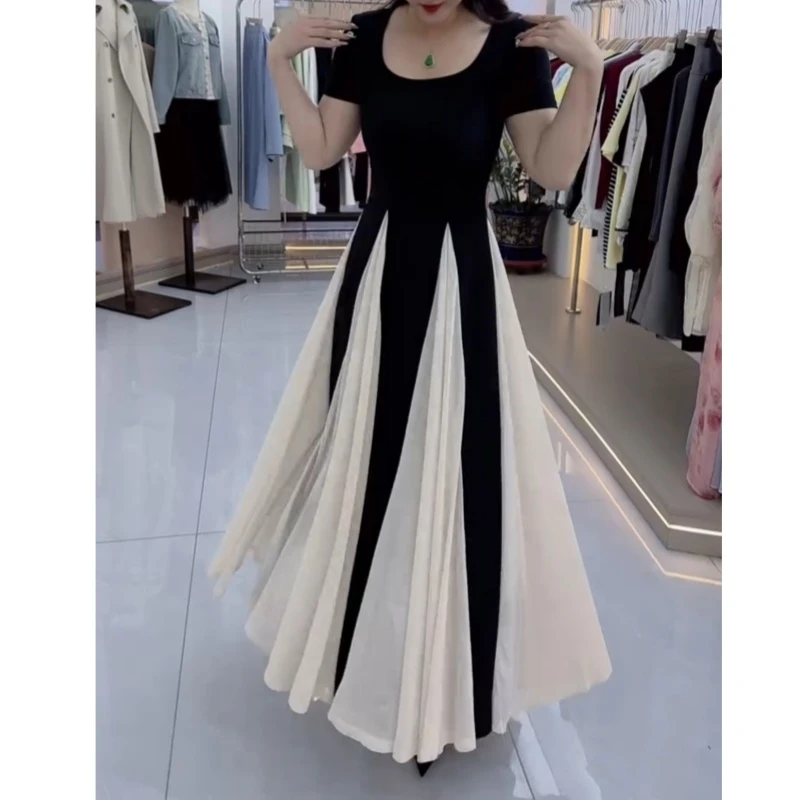 网纱拼接连衣裙收腰显瘦设计感气质长裙夏季新款小众赫本风名媛