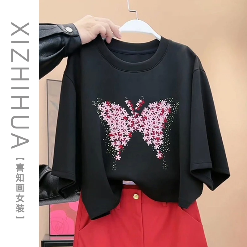 夏季新款小众绝美上衣设计感蝴蝶印花圆领短袖T恤宽松显瘦上衣潮