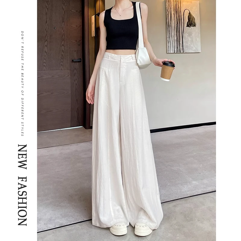 白色阔腿裤女夏季天丝2025新款薄款垂感显瘦冰丝亚麻裤直筒拖地裤
