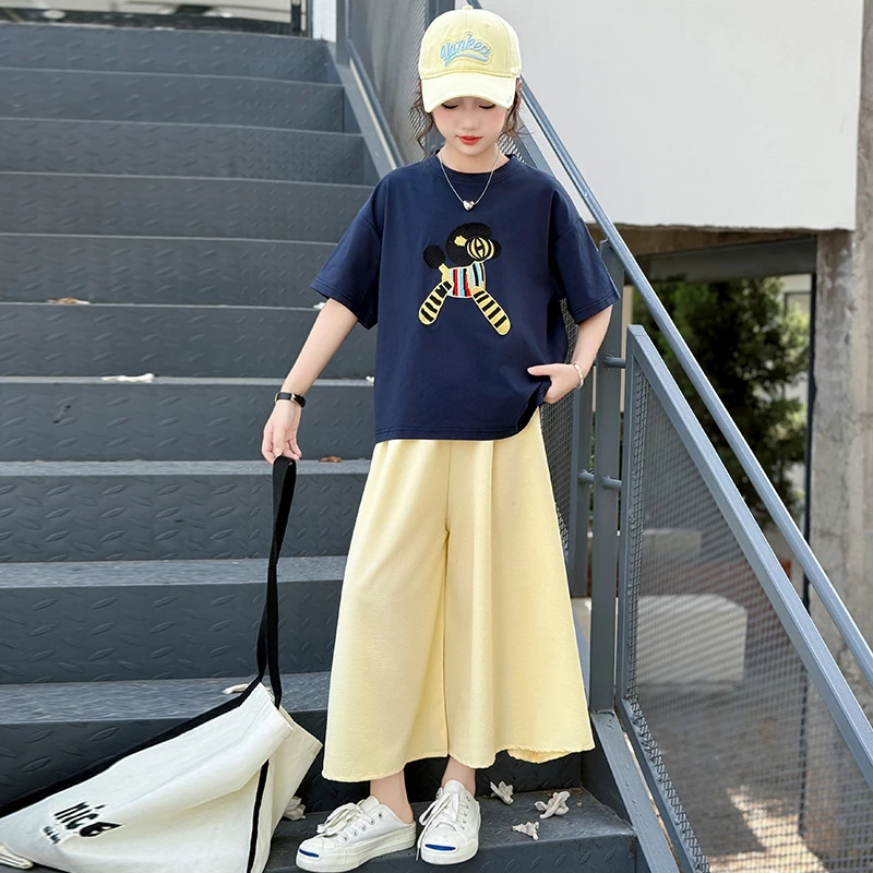 女童套装2025新款夏季t韩版薄款卡通短袖T恤休闲阔腿裤舒适两件套