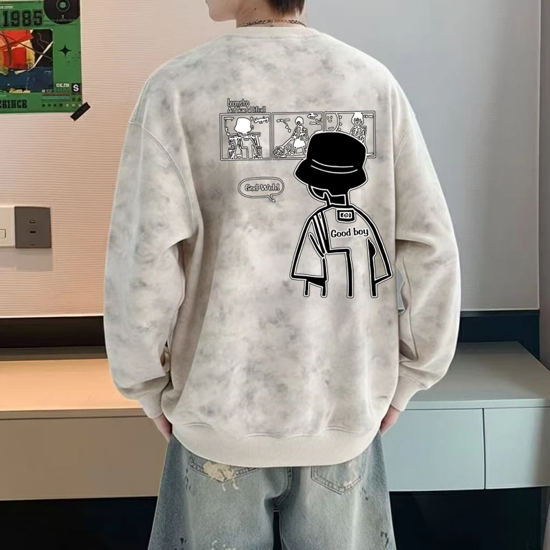 男装扎染圆领卫衣春秋薄款打底衫港风宽松长袖上衣青少年套头外套