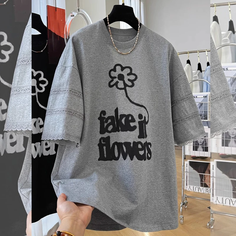 大版宽松中长款设计感印花短袖T恤上衣女装夏季新款慵懒风体恤潮