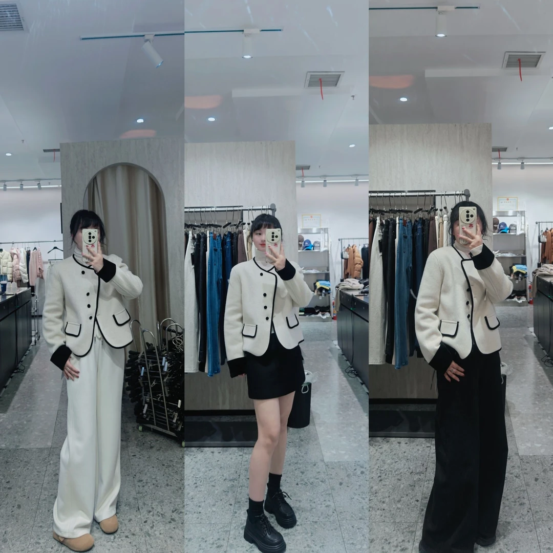 圆领拼色双面呢外套