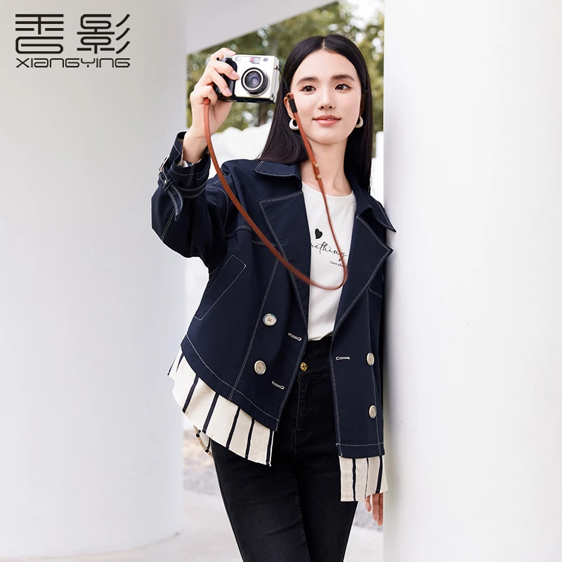 【丽公主专属】F833234风衣 香影小个子风衣短款藏青双排扣气质