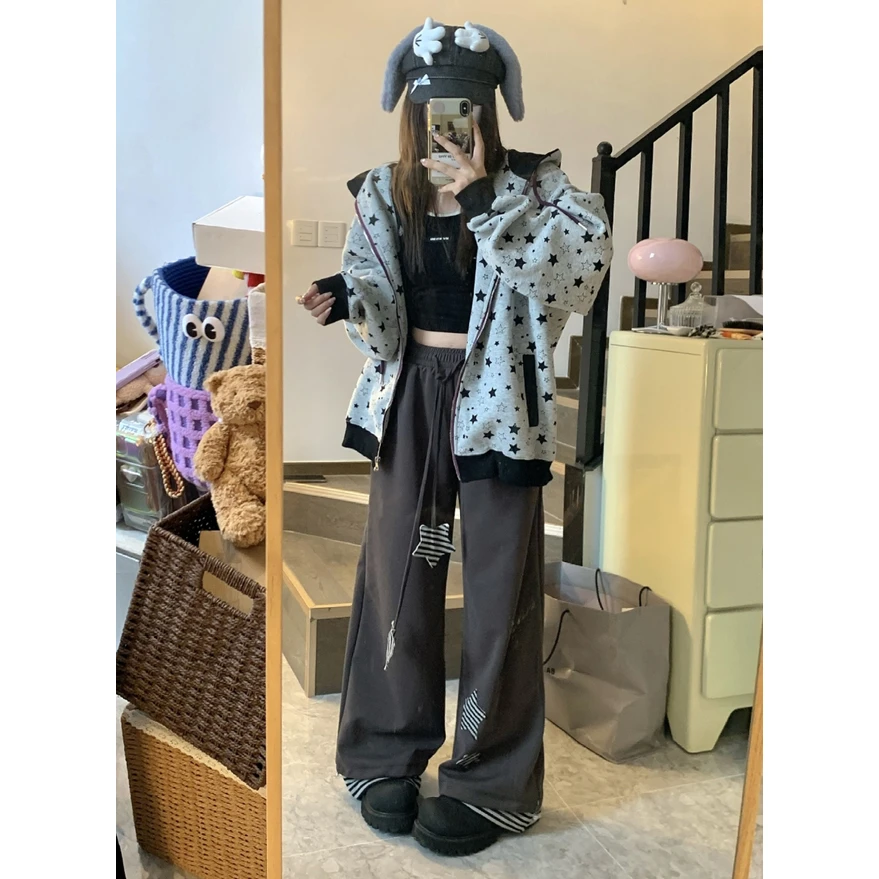 纯棉美式星星满印灰色连帽卫衣女春秋oversize宽松慵懒风开衫外套